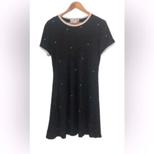 L.G.S. VNTG silk knt blk w crm trm drss & prl detail SZ 16 PLS RD MEASUR…